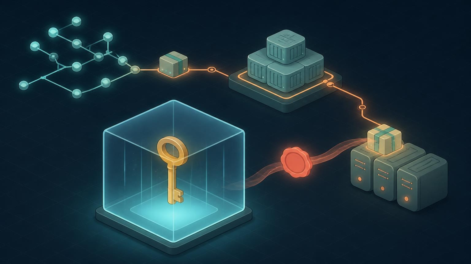 Isometric illustration: a sealed parcel travels from a branching version tree through a container registry to a small server cluster. In the foreground, a single brass key stays locked inside a glowing glass cube; only a coral wax seal leaves it, drifting towards the servers.
