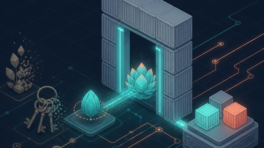 Isometric illustration of an archway of shipping containers. A glowing teal seedling is checked at the gateway and blooms inside it, while a ring of old keys beside it fades into particles. A light trace leads on to a server carrying container blocks.