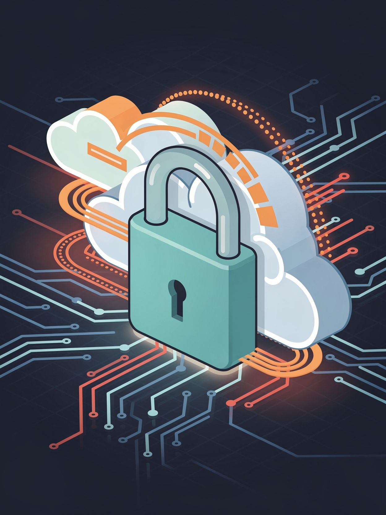 Stylised teal padlock over cloud forms, surrounded by circuit traces — secure data over distributed infrastructure.