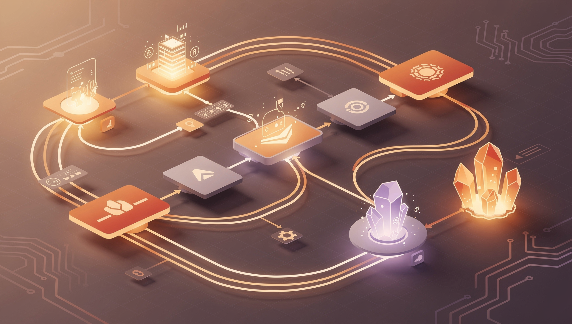 Stylised illustration of a distributed system — services and data stores connected by glowing traces.